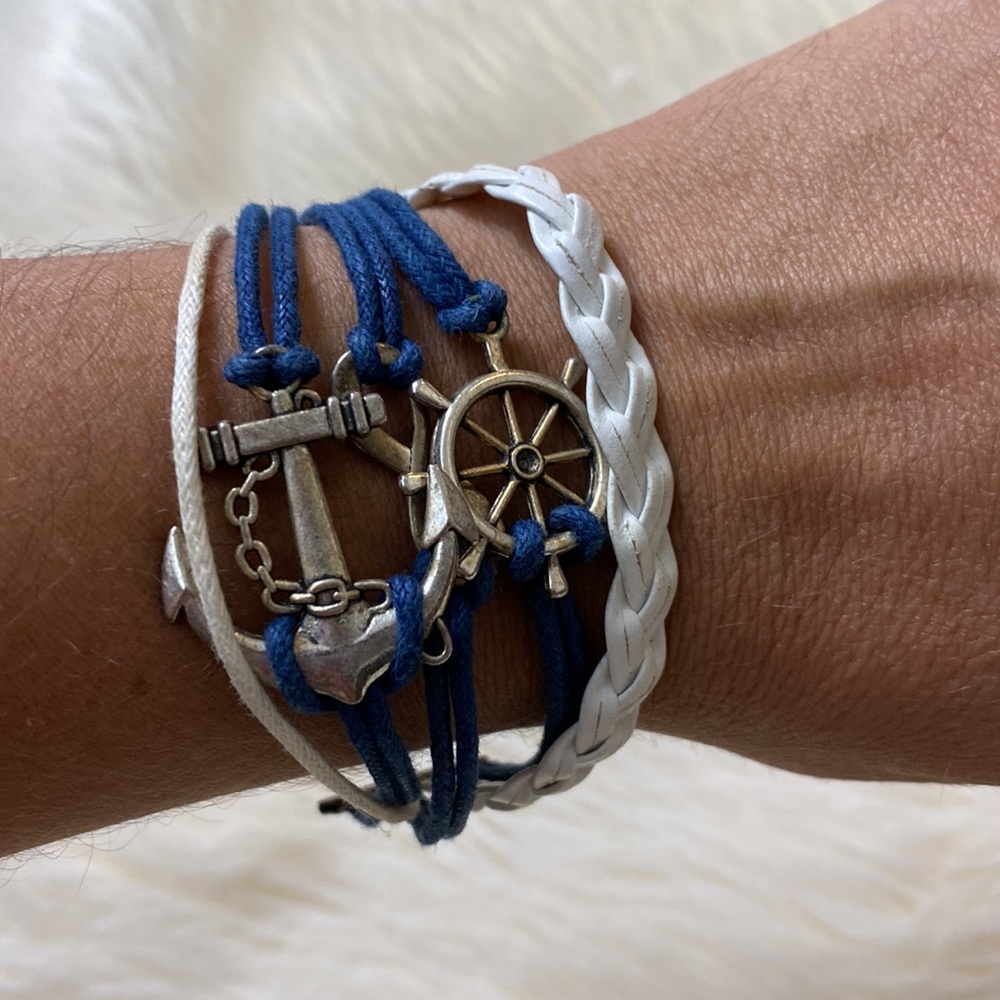 Vintage Silver Ship Rudder Anchor Infinity Bracelet Multilayer Braided Blue Whit - Picture 3 of 16